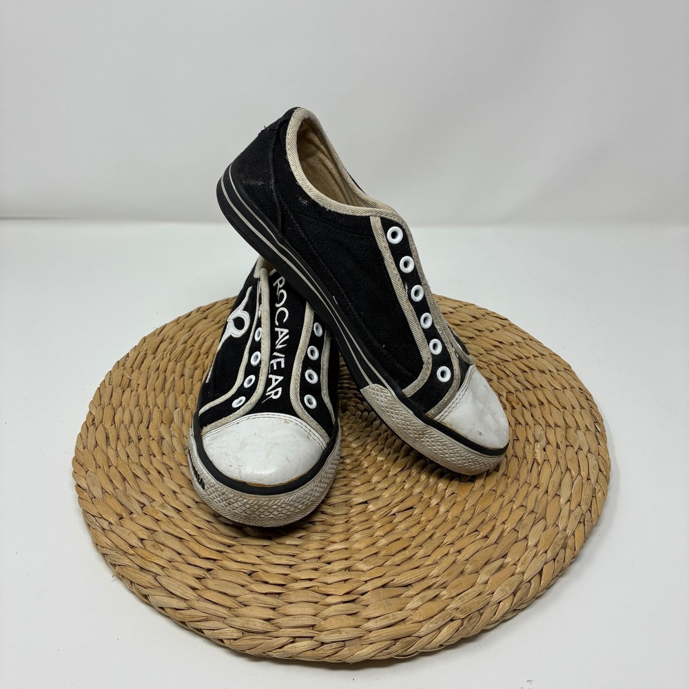 VTG Rocawear Canvas Sneakers Shoes Black White Womens Size 6 Y2K Hip‎ Hop Cyber